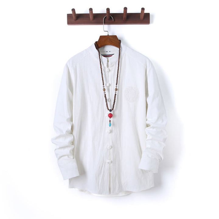 Set di 2 pezzi da uomo in tinta unita con bottoni a rana, camicia a maniche lunghe in cotone e pantaloni con tasche, Buddha Stones - image 11