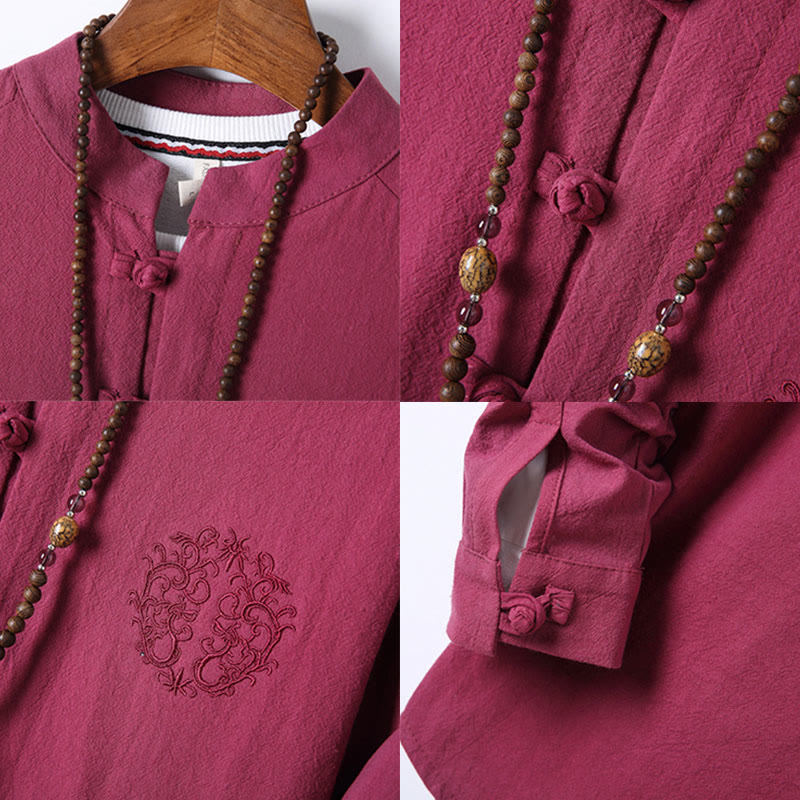 Set di 2 pezzi da uomo in tinta unita con bottoni a rana, camicia a maniche lunghe in cotone e pantaloni con tasche, Buddha Stones - image 33