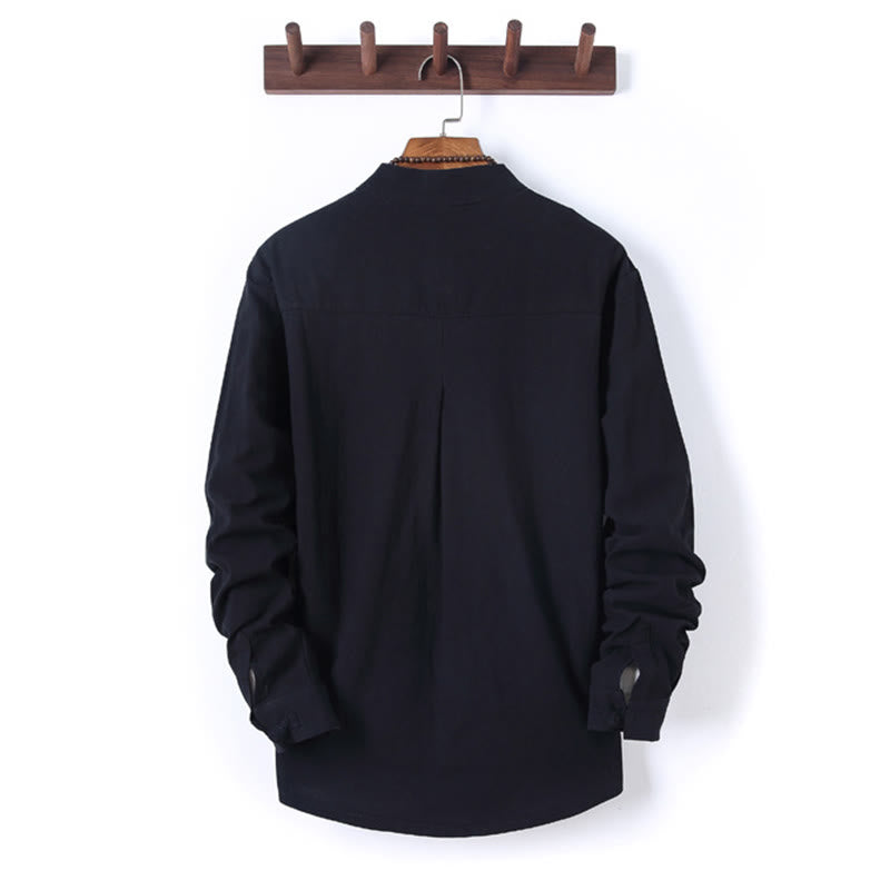 Set di 2 pezzi da uomo in tinta unita con bottoni a rana, camicia a maniche lunghe in cotone e pantaloni con tasche, Buddha Stones - image 2