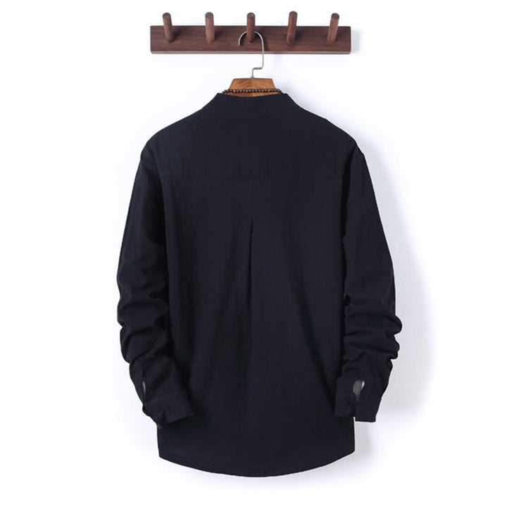 Set di 2 pezzi da uomo in tinta unita con bottoni a rana, camicia a maniche lunghe in cotone e pantaloni con tasche, Buddha Stones - image 2