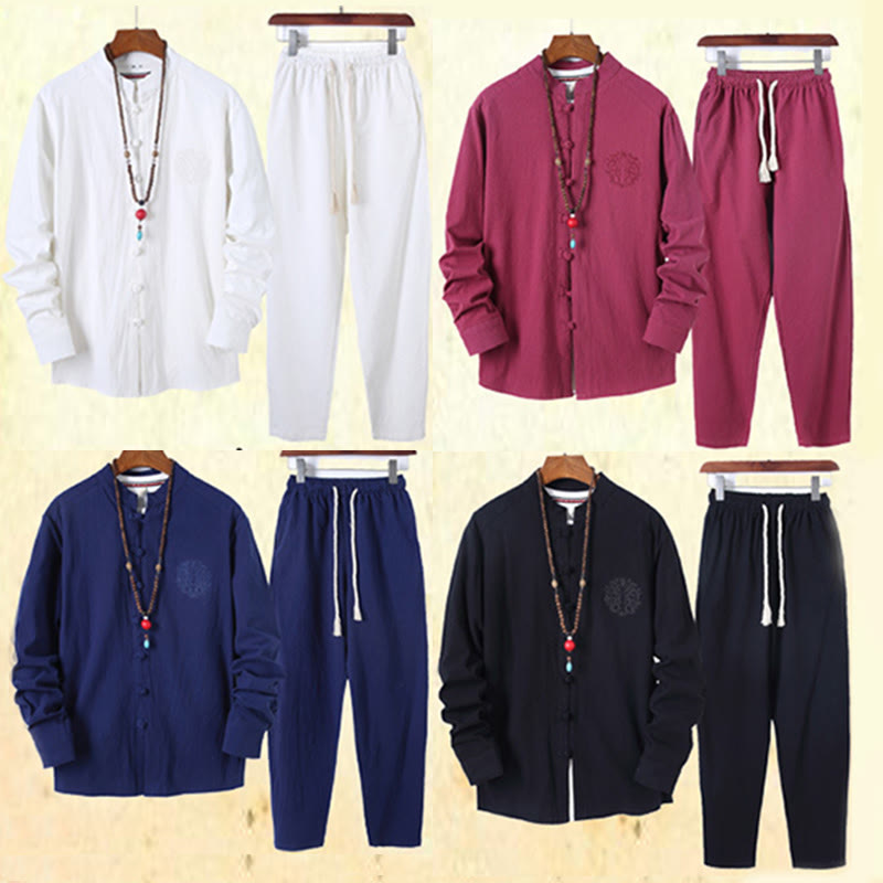 Set di 2 pezzi da uomo in tinta unita con bottoni a rana, camicia a maniche lunghe in cotone e pantaloni con tasche, Buddha Stones - image 44