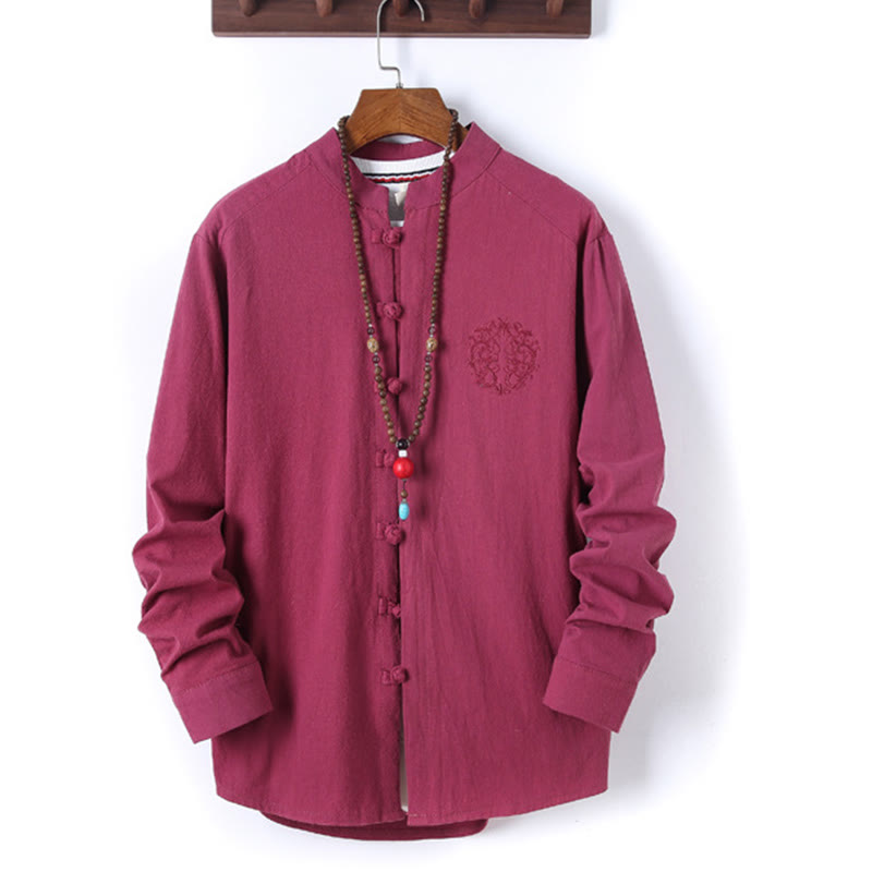 Set di 2 pezzi da uomo in tinta unita con bottoni a rana, camicia a maniche lunghe in cotone e pantaloni con tasche, Buddha Stones - image 31