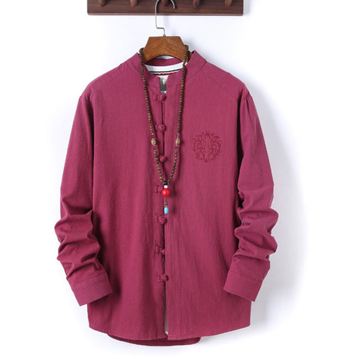 Set di 2 pezzi da uomo in tinta unita con bottoni a rana, camicia a maniche lunghe in cotone e pantaloni con tasche, Buddha Stones - image 31