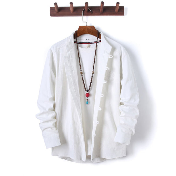 Set di 2 pezzi da uomo in tinta unita con bottoni a rana, camicia a maniche lunghe in cotone e pantaloni con tasche, Buddha Stones - image 10