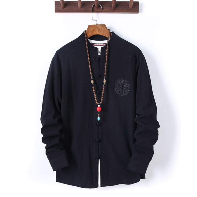 Set di 2 pezzi da uomo in tinta unita con bottoni a rana, camicia a maniche lunghe in cotone e pantaloni con tasche, Buddha Stones - image 1