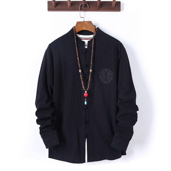 Set di 2 pezzi da uomo in tinta unita con bottoni a rana, camicia a maniche lunghe in cotone e pantaloni con tasche, Buddha Stones - image 1