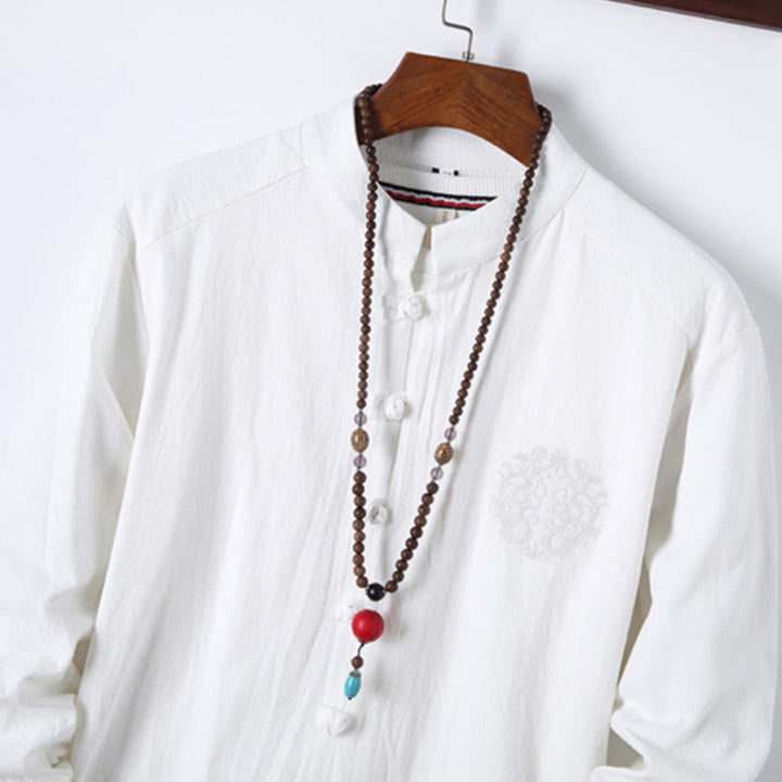 Set di 2 pezzi da uomo in tinta unita con bottoni a rana, camicia a maniche lunghe in cotone e pantaloni con tasche, Buddha Stones - image 13