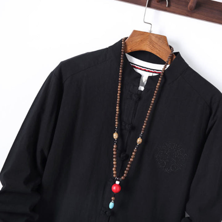Set di 2 pezzi da uomo in tinta unita con bottoni a rana, camicia a maniche lunghe in cotone e pantaloni con tasche, Buddha Stones - image 3