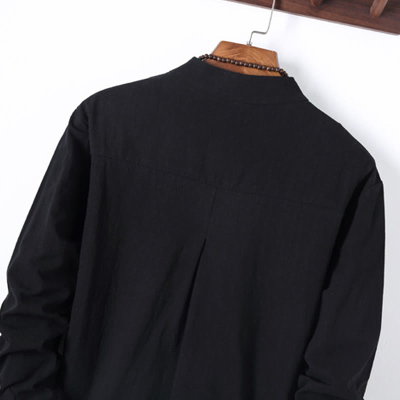 Set di 2 pezzi da uomo in tinta unita con bottoni a rana, camicia a maniche lunghe in cotone e pantaloni con tasche, Buddha Stones - image 4