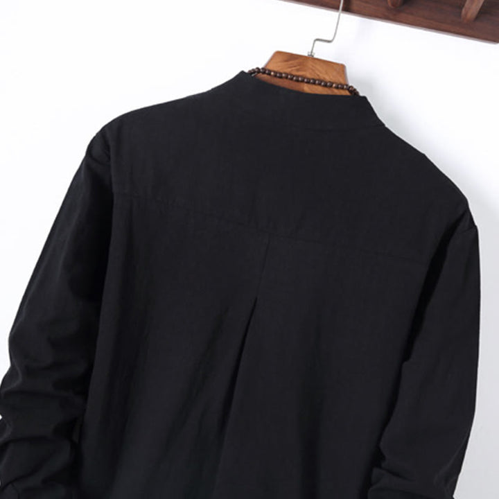 Set di 2 pezzi da uomo in tinta unita con bottoni a rana, camicia a maniche lunghe in cotone e pantaloni con tasche, Buddha Stones - image 4