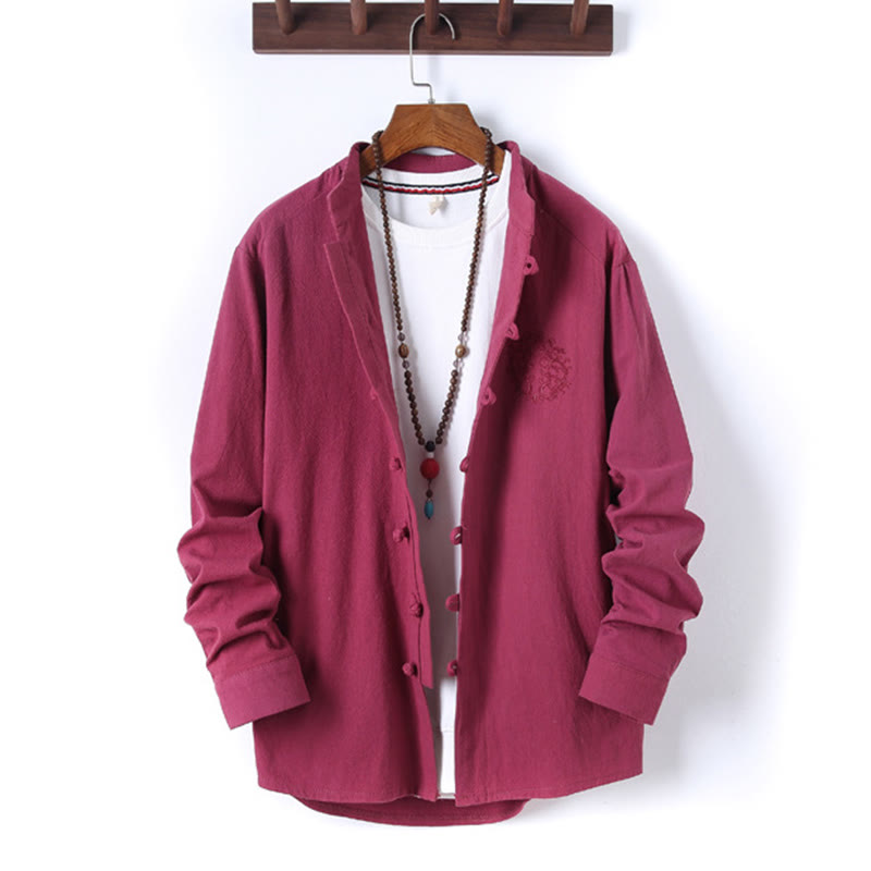 Set di 2 pezzi da uomo in tinta unita con bottoni a rana, camicia a maniche lunghe in cotone e pantaloni con tasche, Buddha Stones - image 30