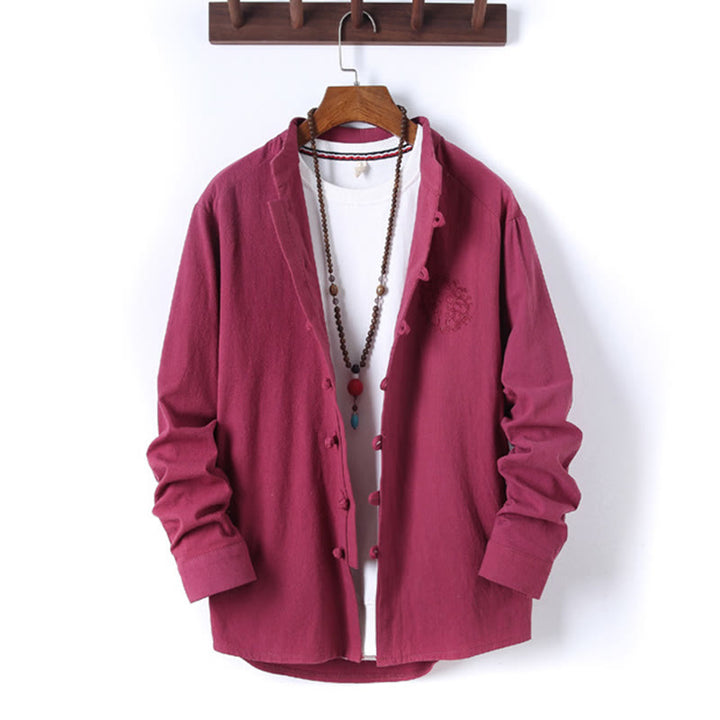 Set di 2 pezzi da uomo in tinta unita con bottoni a rana, camicia a maniche lunghe in cotone e pantaloni con tasche, Buddha Stones - image 30