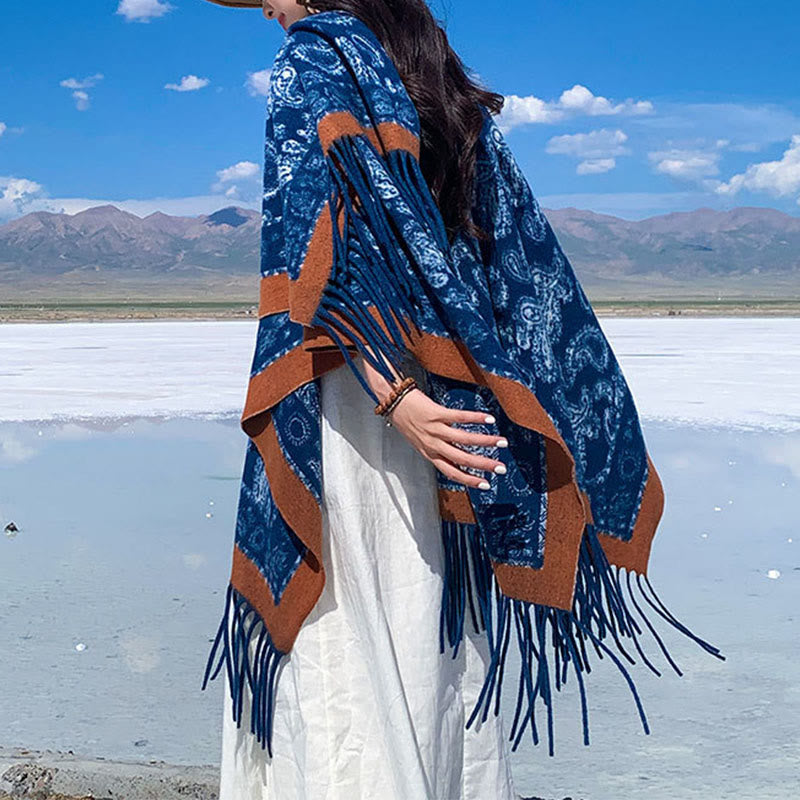 Sciarpa scialle con nappe e motivo patchwork Paisley blu navy Buddha Stones - image 5