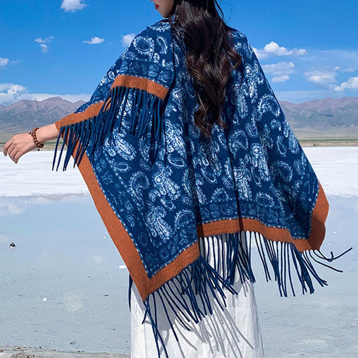 Sciarpa scialle con nappe e motivo patchwork Paisley blu navy Buddha Stones - Marina - 170*130 cm - image 0