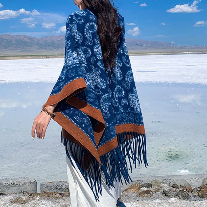 Sciarpa scialle con nappe e motivo patchwork Paisley blu navy Buddha Stones - image 4