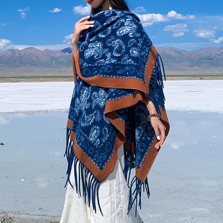 Sciarpa scialle con nappe e motivo patchwork Paisley blu navy Buddha Stones - image 3