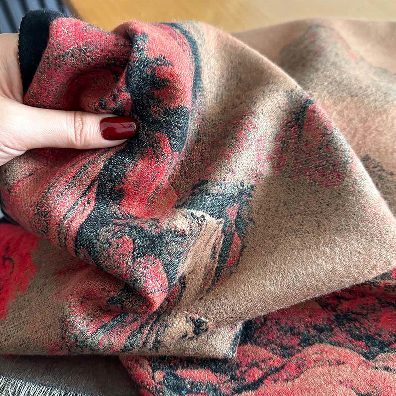 Sciarpa spessa e accogliente con motivo dipinto di paesaggio invernale Buddha Stones nappe - image 3