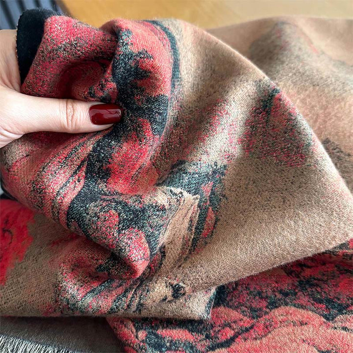 Sciarpa spessa e accogliente con motivo dipinto di paesaggio invernale Buddha Stones nappe - image 3