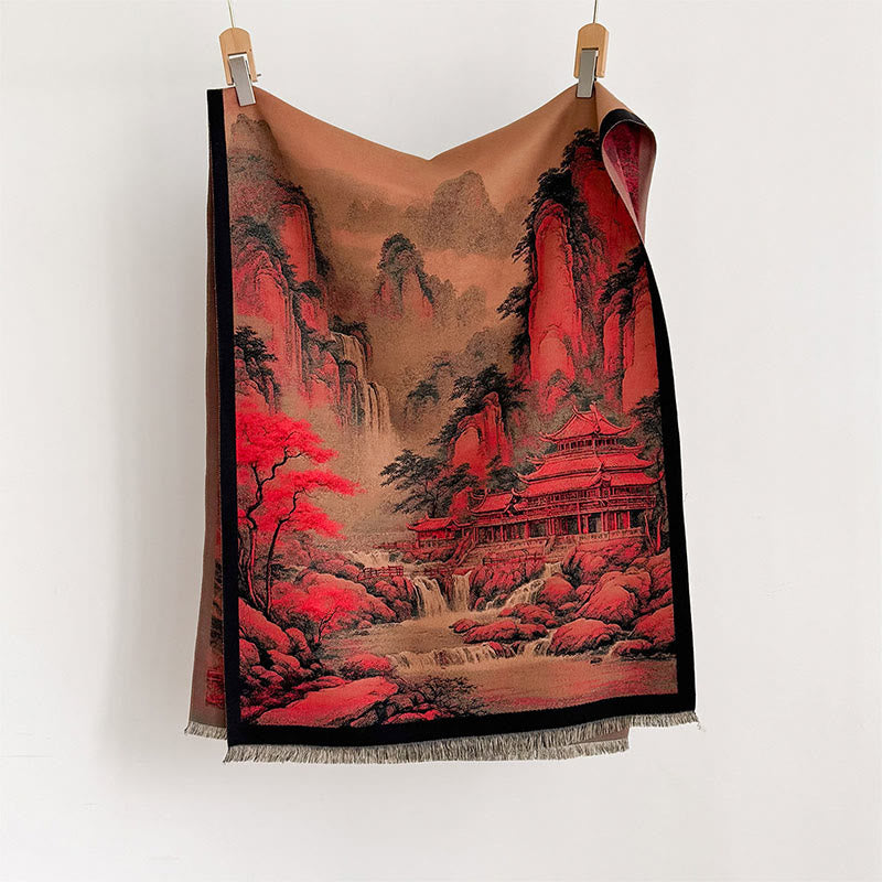 Sciarpa spessa e accogliente con motivo dipinto di paesaggio invernale Buddha Stones nappe - image 1