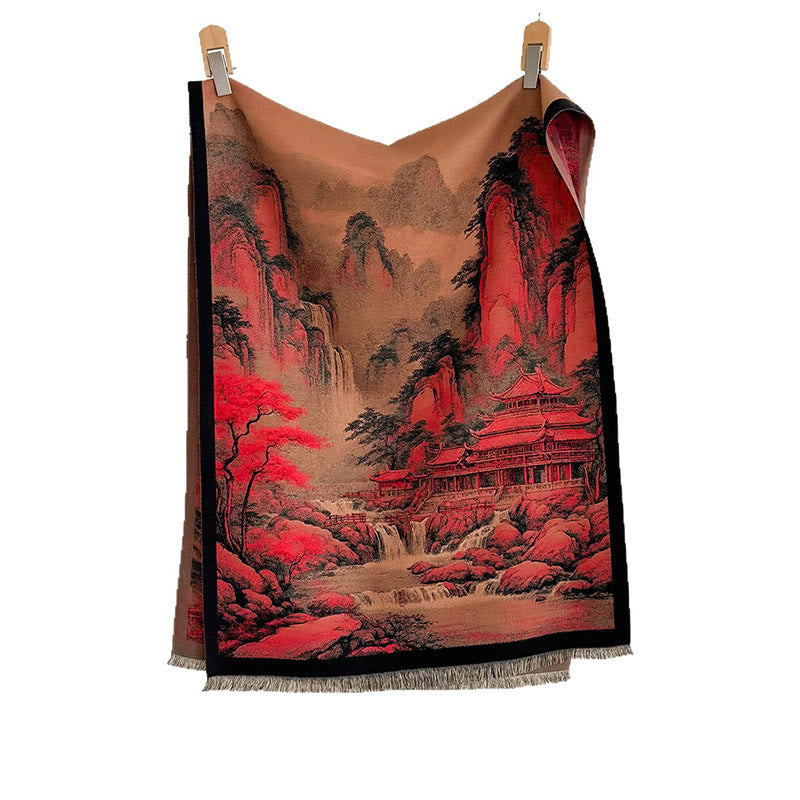 Sciarpa spessa e accogliente con motivo dipinto di paesaggio invernale Buddha Stones nappe - image 5