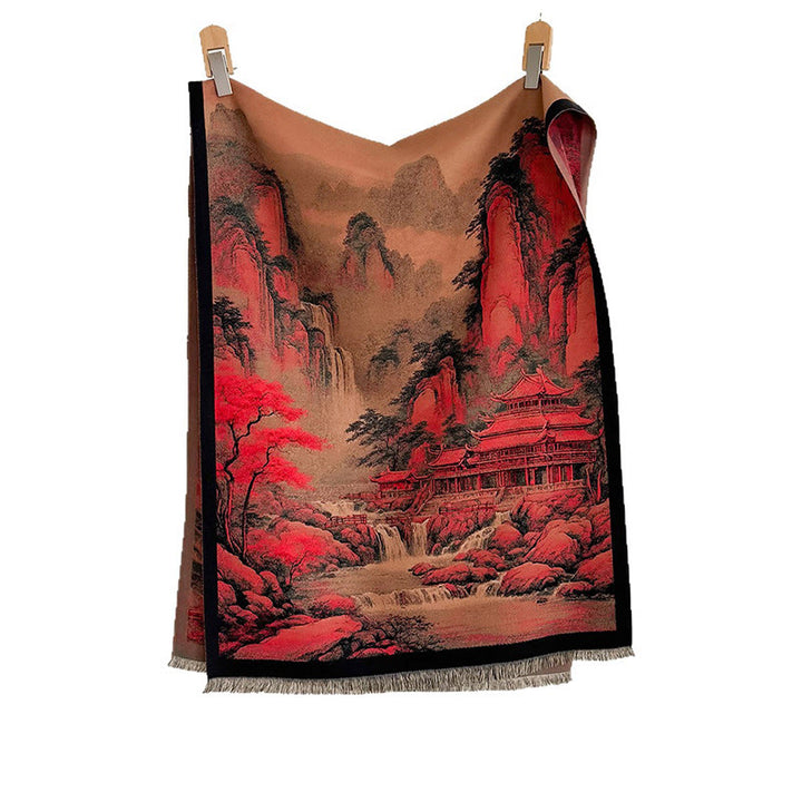 Sciarpa spessa e accogliente con motivo dipinto di paesaggio invernale Buddha Stones nappe - image 5