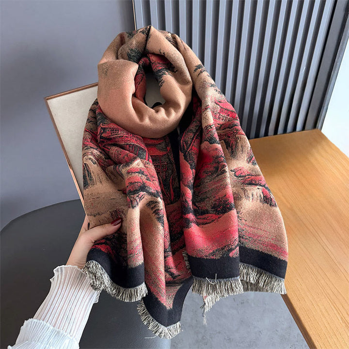 Sciarpa spessa e accogliente con motivo dipinto di paesaggio invernale Buddha Stones nappe - image 2