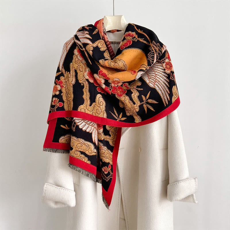 Sciarpa accogliente con motivo a nappe, motivo a gru invernale, motivo a nuvole di buon auspicio , Buddha Stones Plum Blossom - Nero - 180*65cm - image 0