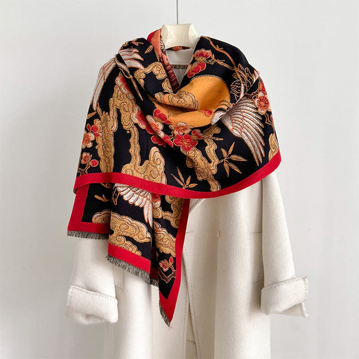 Sciarpa accogliente con motivo a nappe, motivo a gru invernale, motivo a nuvole di buon auspicio , Buddha Stones Plum Blossom - Nero - 180*65cm - image 0