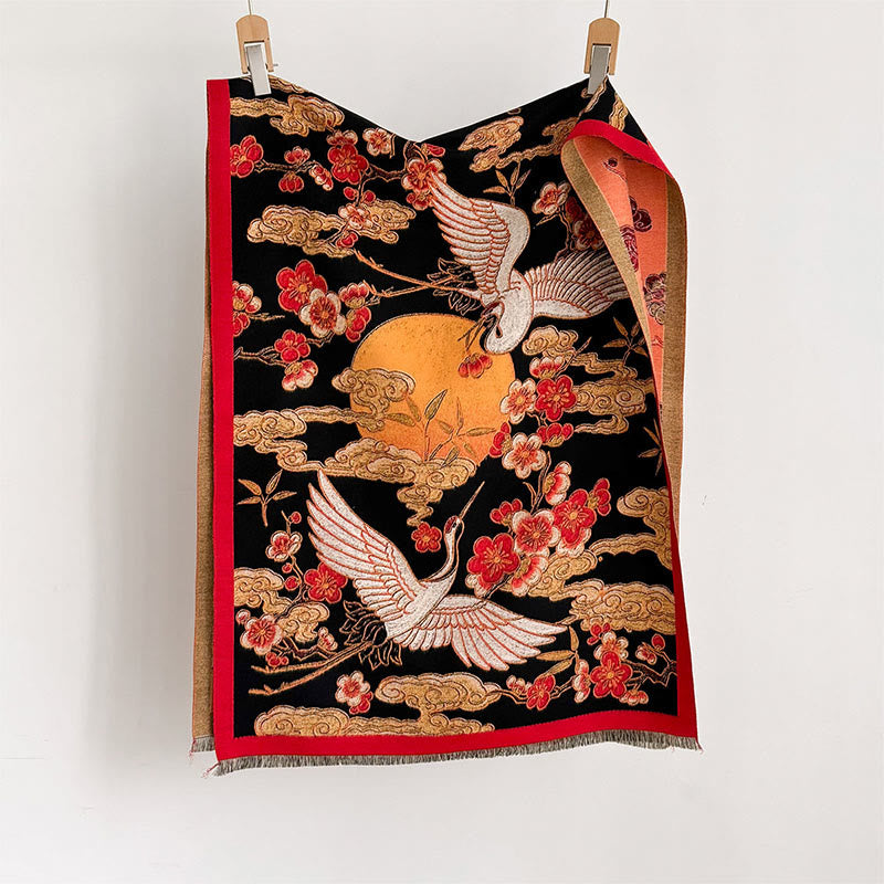 Sciarpa accogliente con motivo a nappe, motivo a gru invernale, motivo a nuvole di buon auspicio , Buddha Stones Plum Blossom - image 1