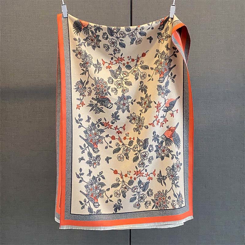 Sciarpa morbida e accogliente, motivo a contrasto di colori, motivo a fiori con uccelli Buddha Stones - image 1