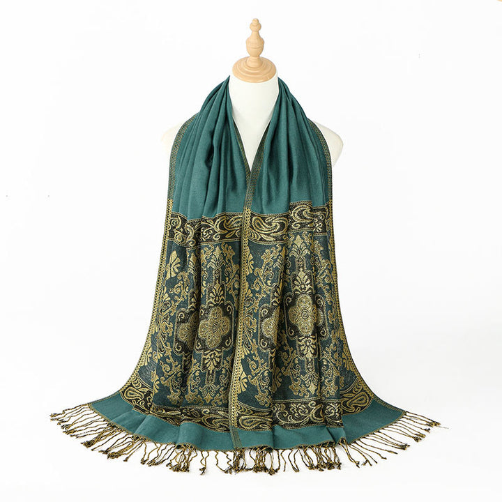 Sciarpa scialle con nappa e motivo geometrico a fiori di anacardi dorati primaverili Buddha Stones - image 4