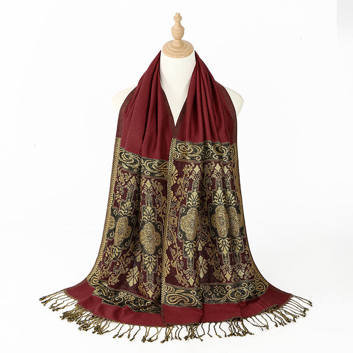 Sciarpa scialle con nappa e motivo geometrico a fiori di anacardi dorati primaverili Buddha Stones - image 9