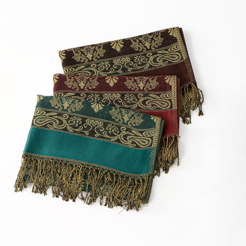 Sciarpa scialle con nappa e motivo geometrico a fiori di anacardi dorati primaverili Buddha Stones - image 10