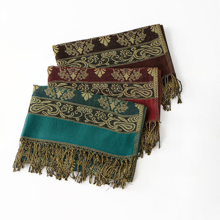 Sciarpa scialle con nappa e motivo geometrico a fiori di anacardi dorati primaverili Buddha Stones - image 10