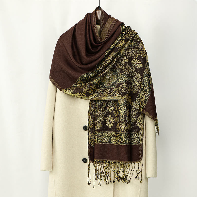 Sciarpa scialle con nappa e motivo geometrico a fiori di anacardi dorati primaverili Buddha Stones - Marrone sella - 172*70cm - image 0
