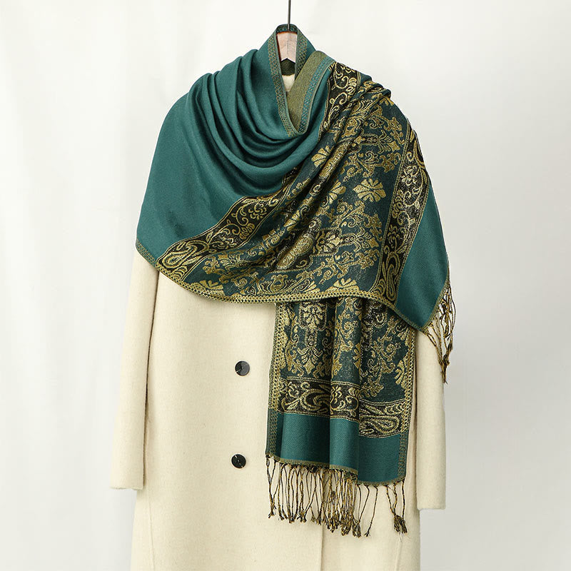 Sciarpa scialle con nappa e motivo geometrico a fiori di anacardi dorati primaverili Buddha Stones - DarkSeaGreen - 172*70cm - image 3