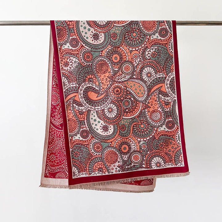 Sciarpa morbida con nappe, motivo geometrico paisley, stile etnico invernale, motivo Buddha Stones - Rosso - 186*66 cm - image 9