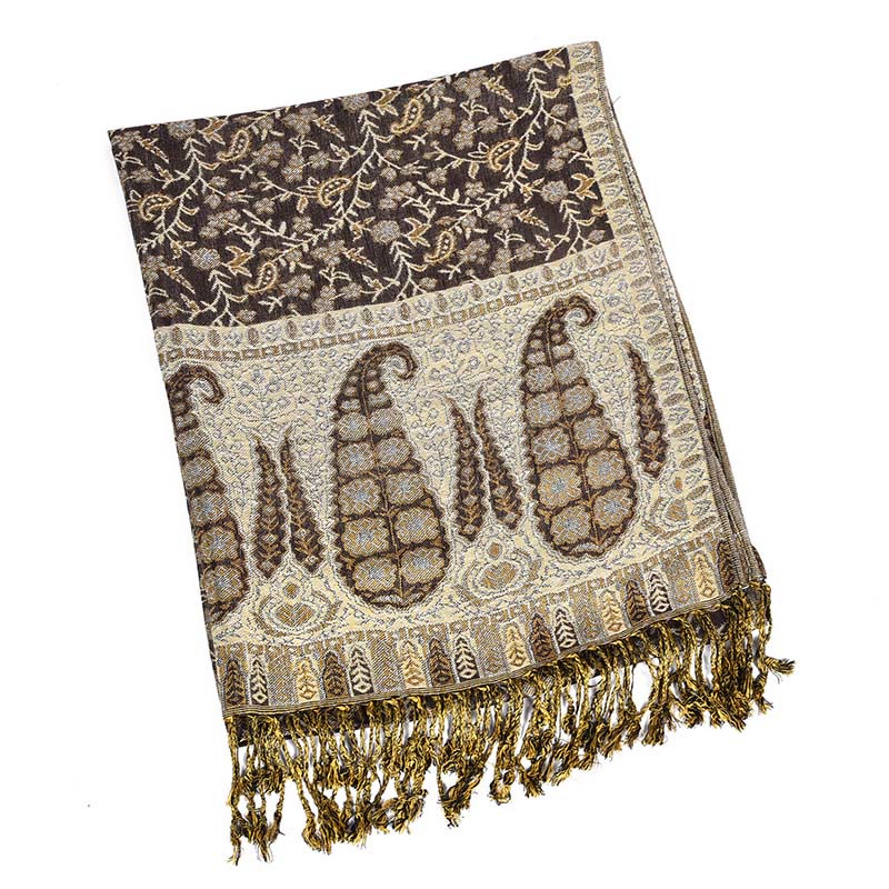 Sciarpa scialle con nappe e motivo paisley patchwork in jacquard con Buddha Stones e contrasto di colore - OldLace - image 2