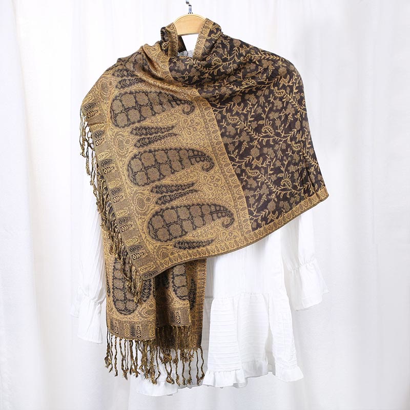 Sciarpa scialle con nappe e motivo paisley patchwork in jacquard con Buddha Stones e contrasto di colore - Verga d'oro - image 0