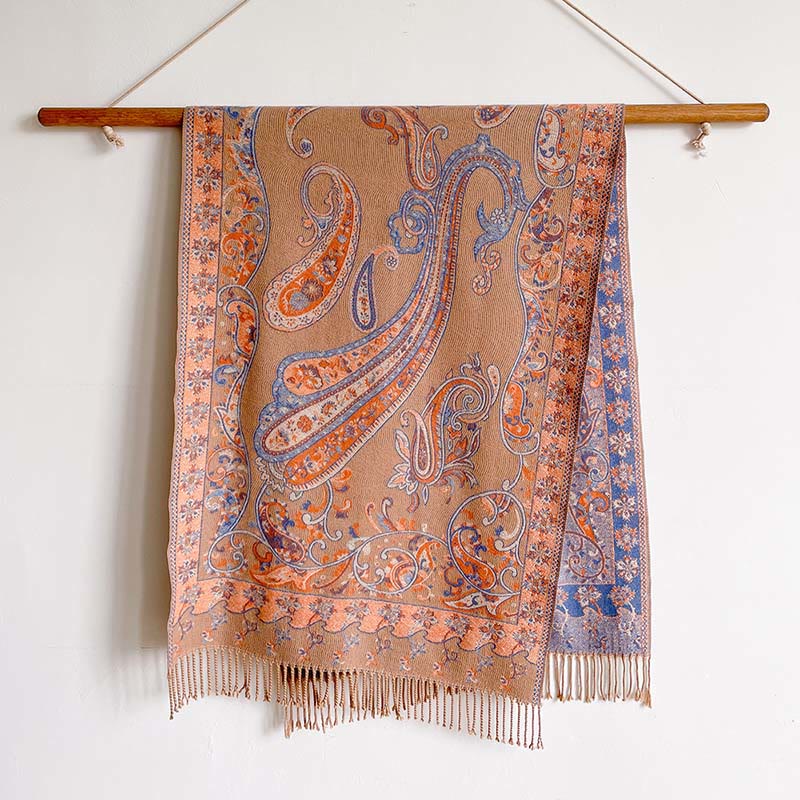 Sciarpa calda con nappa e motivo floreale Paisley, motivo invernale, motivo Buddha Stones - SandyBrown - 200*65 cm - image 12