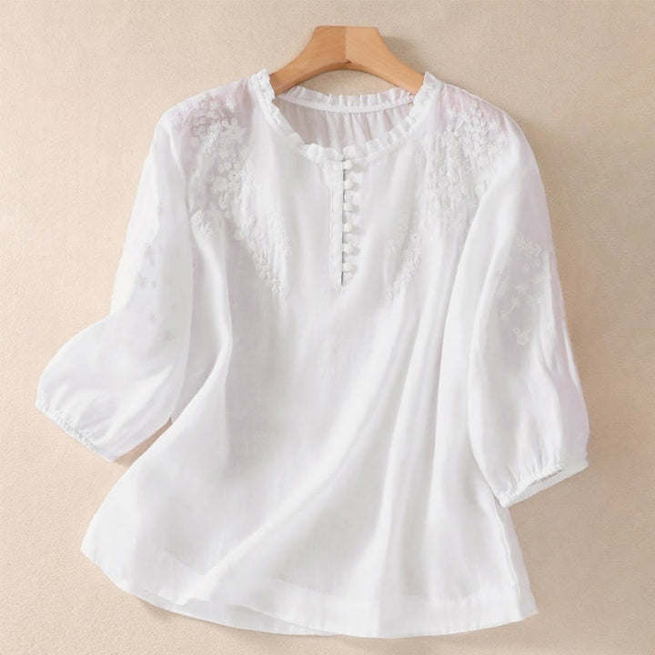 Camicia da donna a maniche corte con sbuffo, motivo floreale ricamato, motivo Buddha Stones, casual e semplice - Fumo bianco - US8-10, UK/AU12-14, EU40-42 (2XL) - image 6
