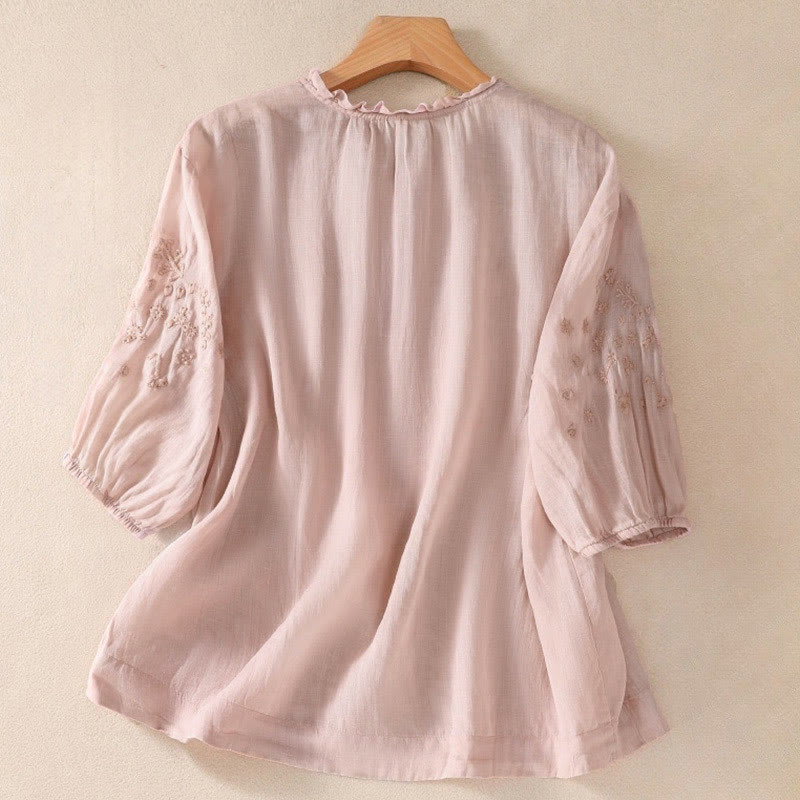 Camicia da donna a maniche corte con sbuffo, motivo floreale ricamato, motivo Buddha Stones, casual e semplice - image 14