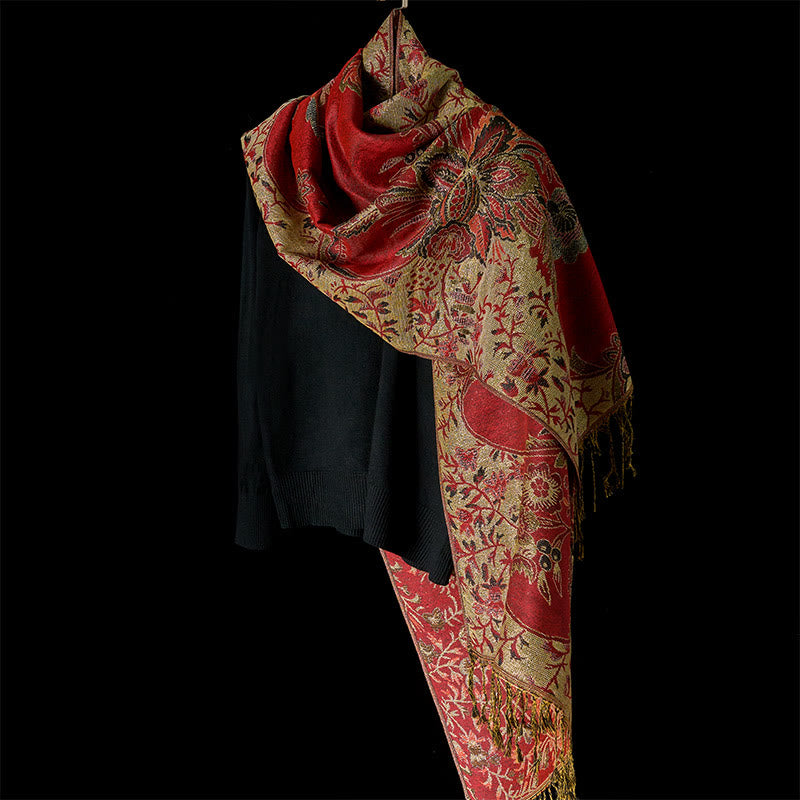 Sciarpa morbida con motivo a nappa, Buddha Stones , motivo a fiori rossi primaverili, foglie e viticci - image 8