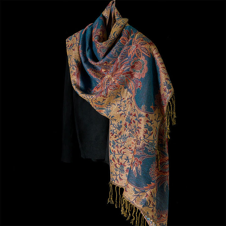 Sciarpa morbida con motivo a nappa, Buddha Stones , motivo a fiori rossi primaverili, foglie e viticci - image 2