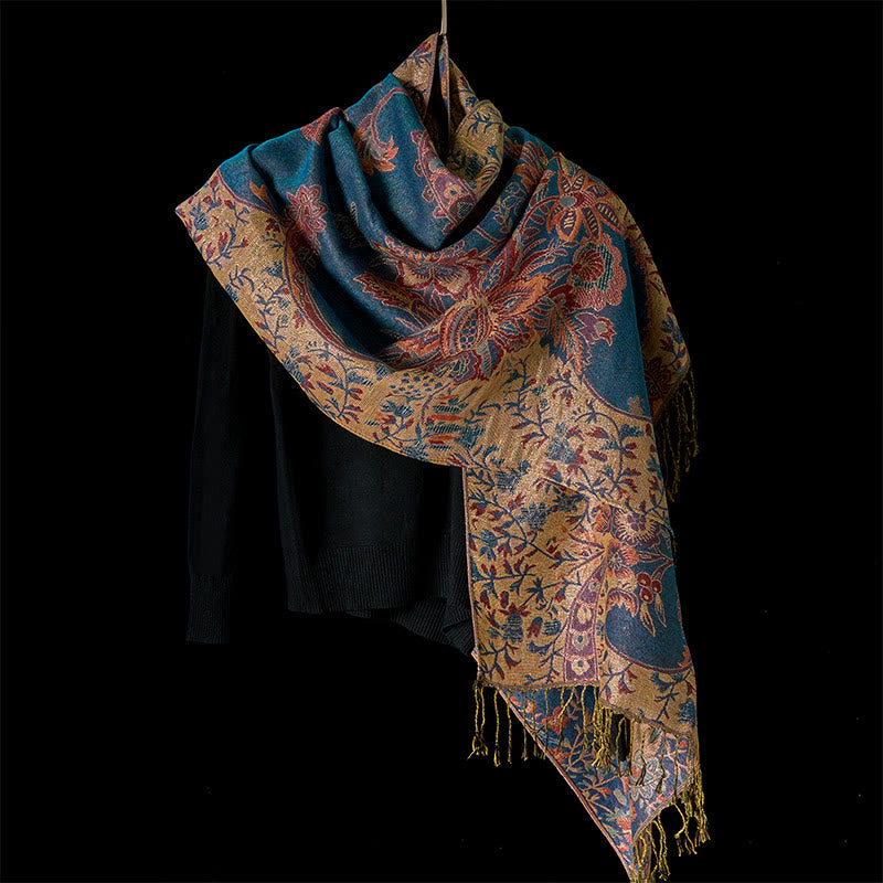 Sciarpa morbida con motivo a nappa, Buddha Stones , motivo a fiori rossi primaverili, foglie e viticci - image 1