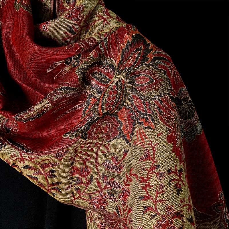 Sciarpa morbida con motivo a nappa, Buddha Stones , motivo a fiori rossi primaverili, foglie e viticci - image 9