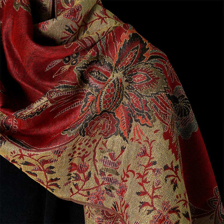 Sciarpa morbida con motivo a nappa, Buddha Stones , motivo a fiori rossi primaverili, foglie e viticci - image 9