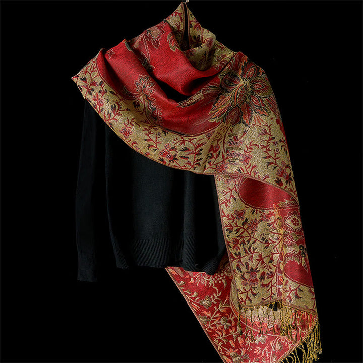 Sciarpa morbida con motivo a nappa, Buddha Stones , motivo a fiori rossi primaverili, foglie e viticci - image 7