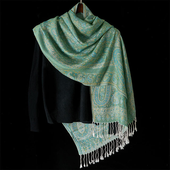 Sciarpa scialle con nappa e motivo geometrico a righe, motivo Buddha Stones, primavera verde anacardio - image 7