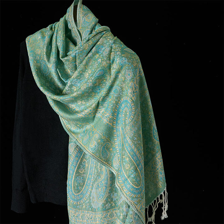 Sciarpa scialle con nappa e motivo geometrico a righe, motivo Buddha Stones, primavera verde anacardio - Verde chiaro - 170*70cm - image 6